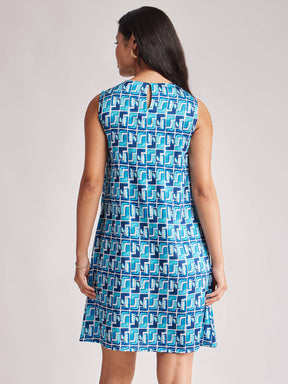 Satin Geometric Print Dress - Blue