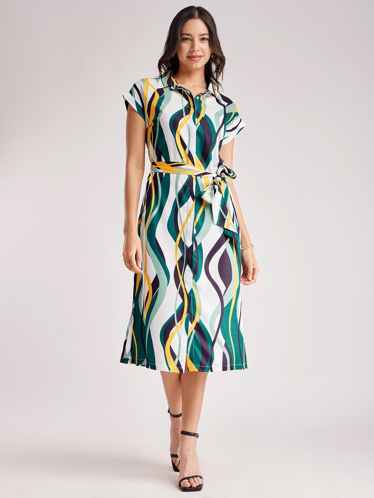Abstract Drop Shoulder Dress - White And Teal