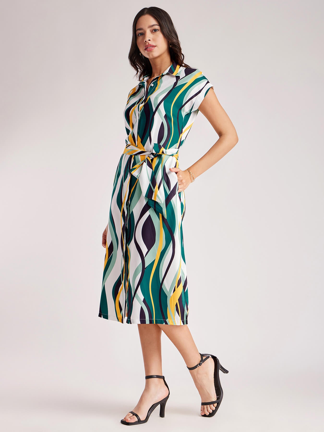 Abstract Drop Shoulder Dress - White And Teal