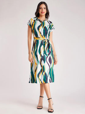 Abstract Drop Shoulder Dress - White And Teal