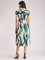 Abstract Drop Shoulder Dress - White And Teal