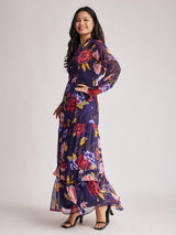 Floral Ruffle Dress - Navy Blue And Multicolour