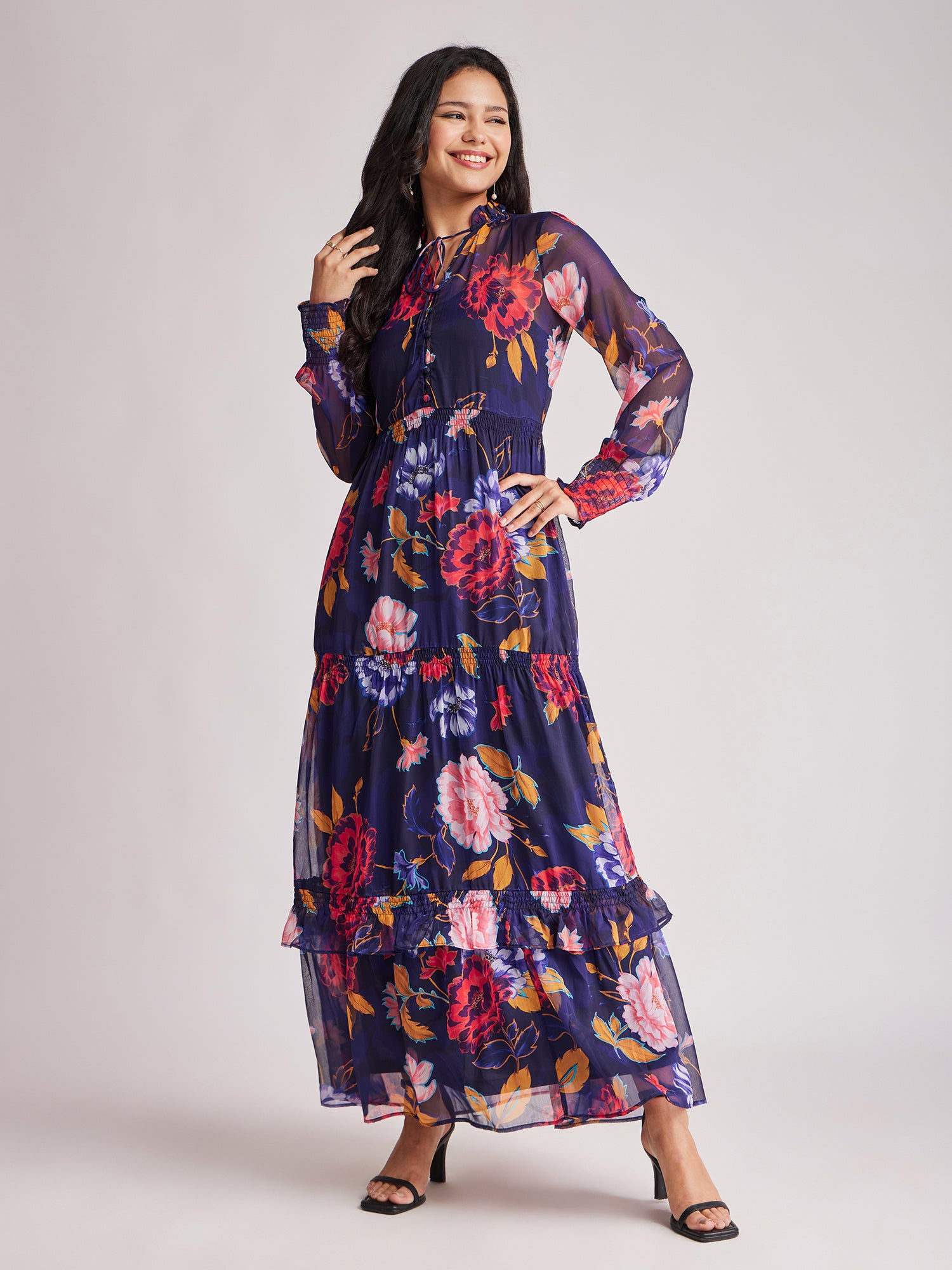 Floral Ruffle Dress - Navy Blue And Multicolour