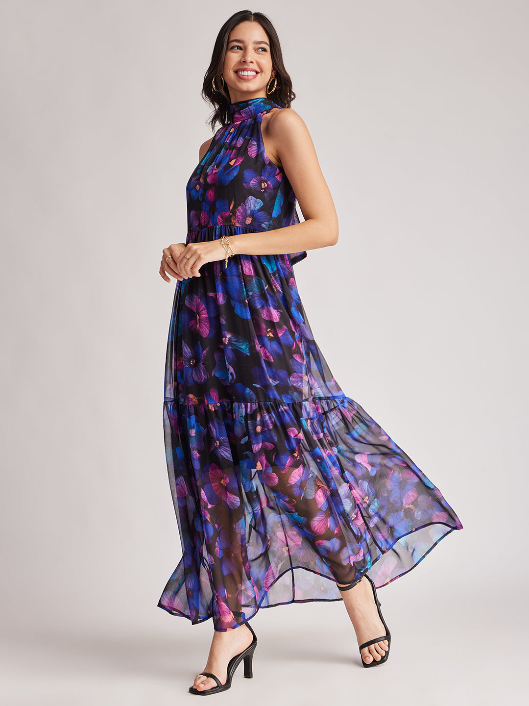 Floral Halter Neck Dress - Black And Multicolour