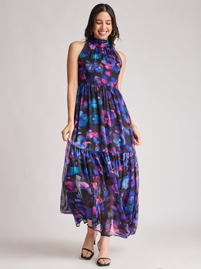 Floral Halter Neck Dress - Black And Multicolour