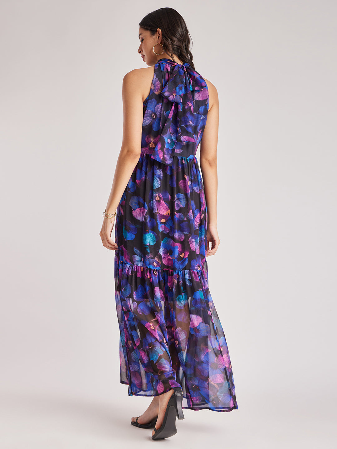 Floral Halter Neck Dress - Black And Multicolour