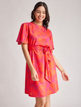 Floral Bell Sleeves Dress - Fuchsia And Orange