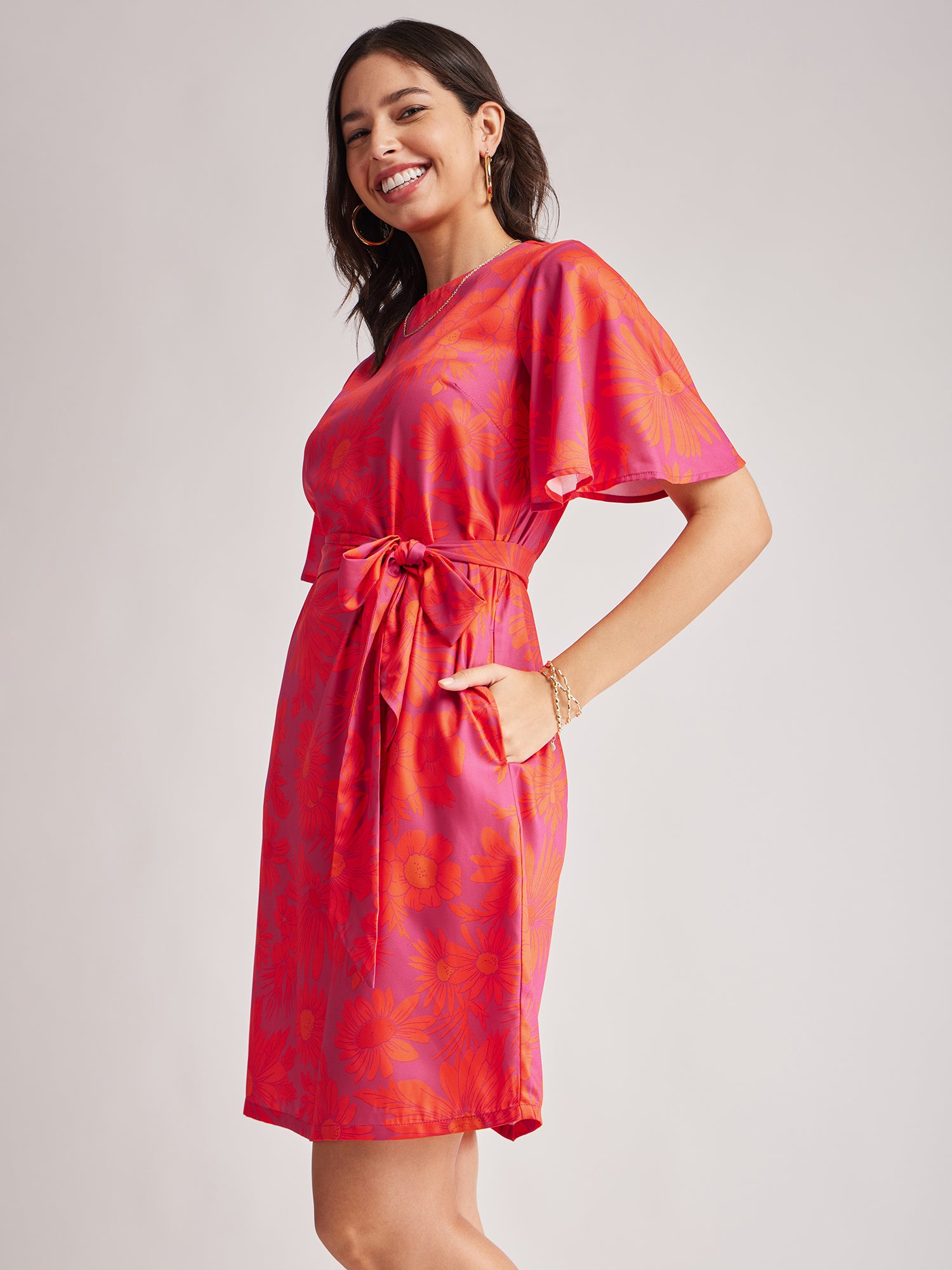 Floral Bell Sleeves Dress - Fuchsia And Orange