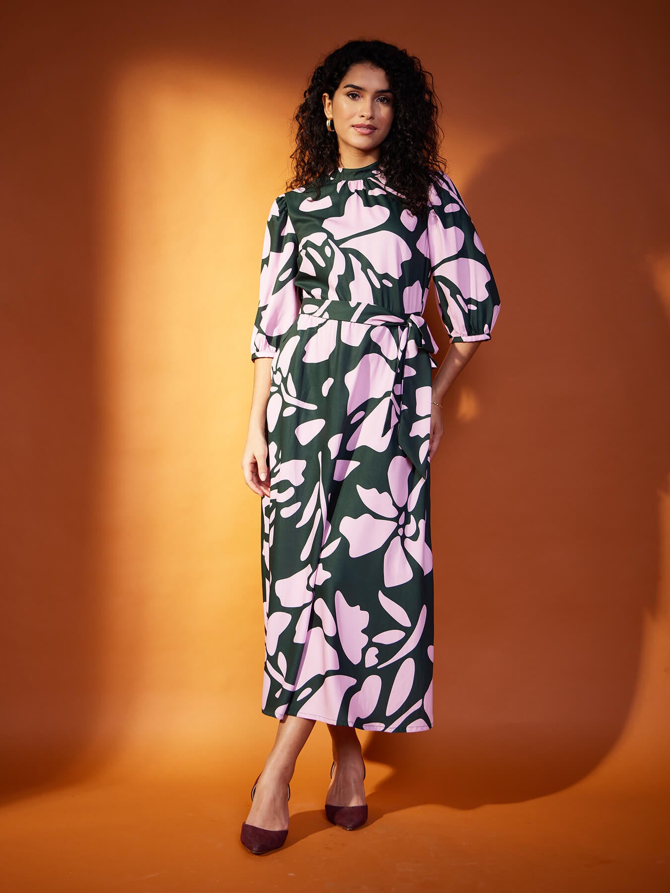 Floral Gather Detail Dress - Green And Pink