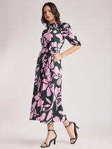 Floral Gather Detail Dress - Green And Pink