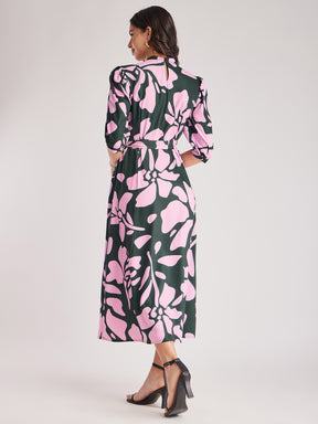 Floral Gather Detail Dress - Green And Pink