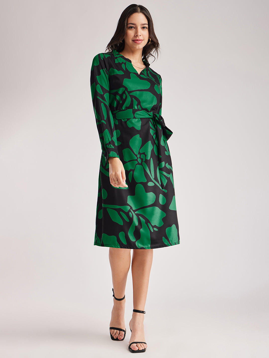 Ruffle Floral Dress - Black And Green