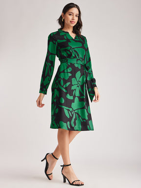 Ruffle Floral Dress - Black And Green