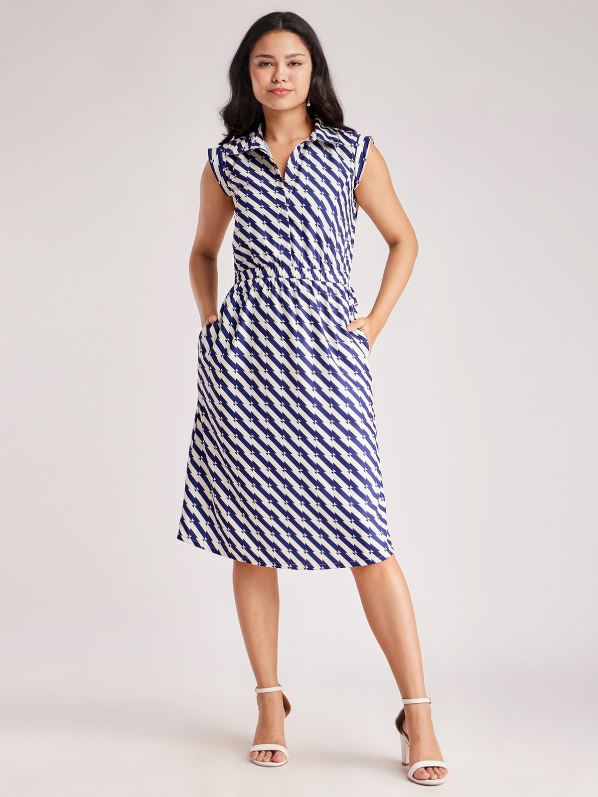 Elasticated Waist Collared Dress - Blue And Off White