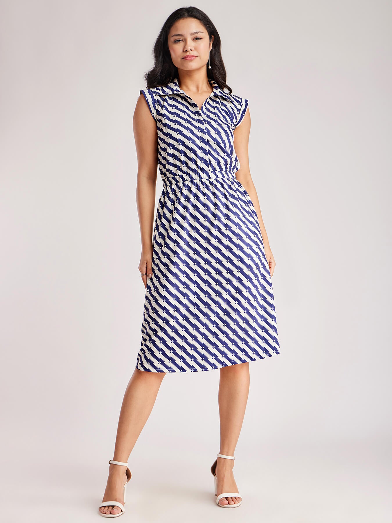 Elasticated Waist Collared Dress - Blue And Off White