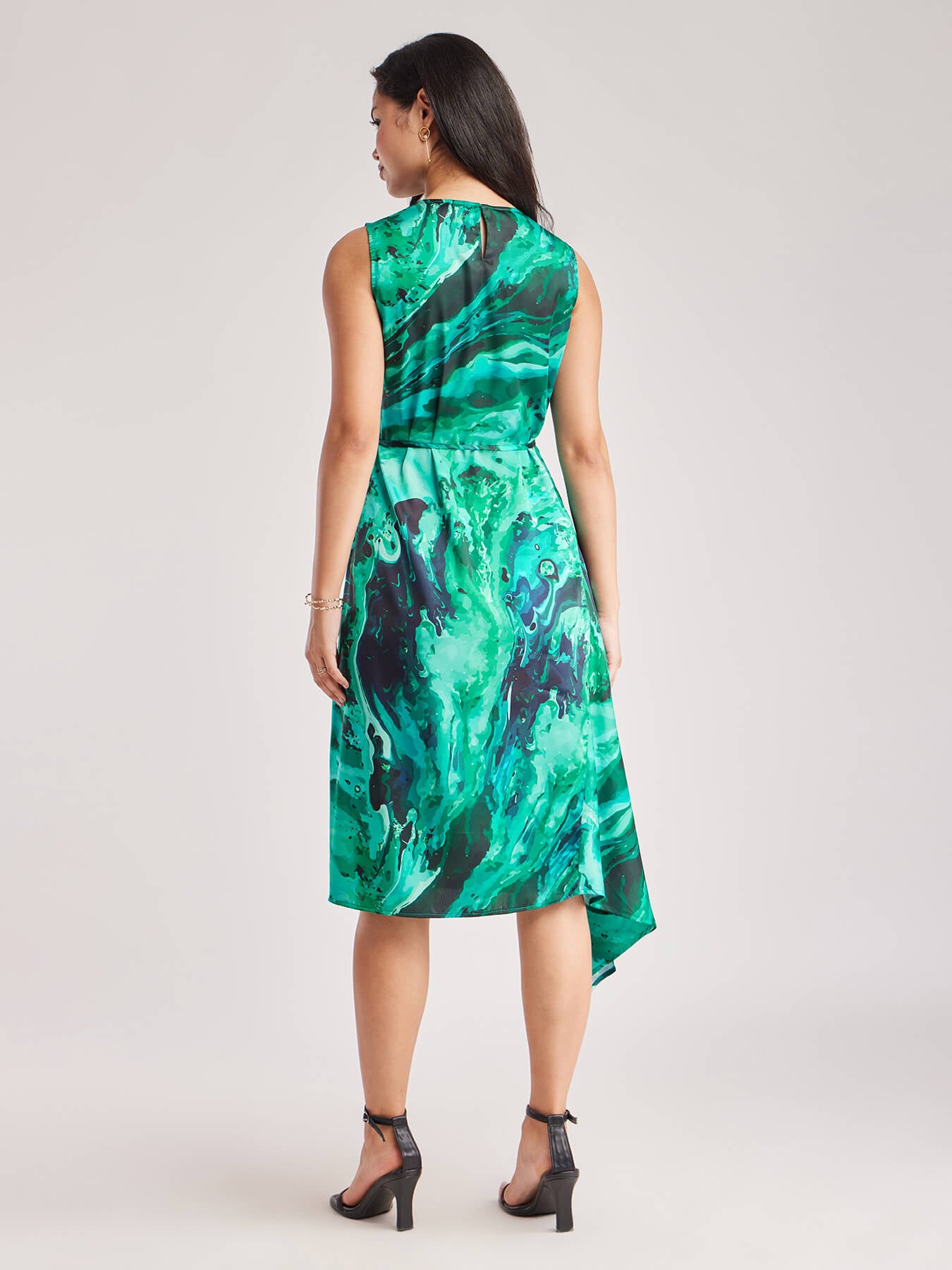 Satin Asymmetrical Sleeveless Dress - Teal