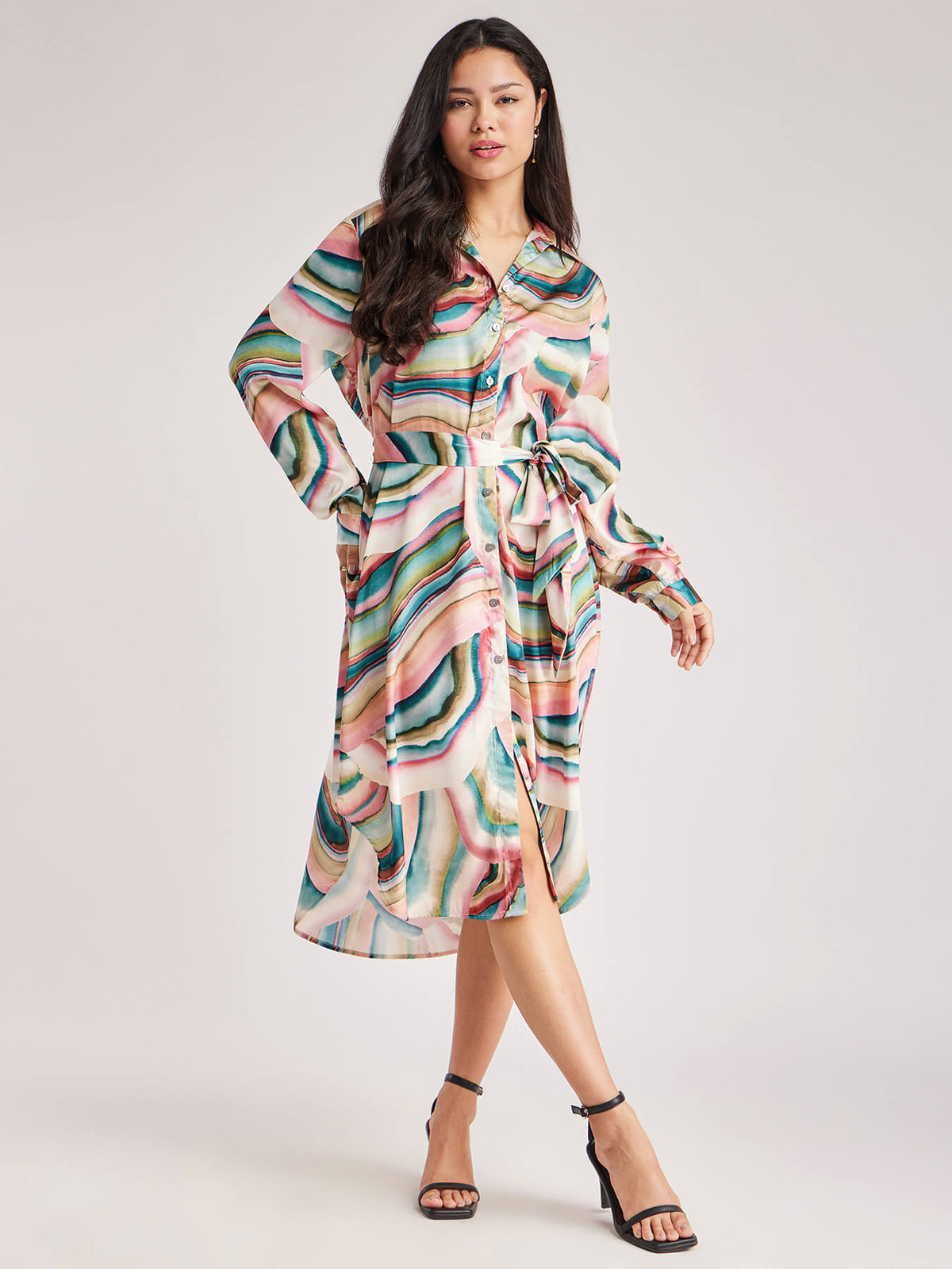 Satin Oversized Shirt Dress - Multicolour