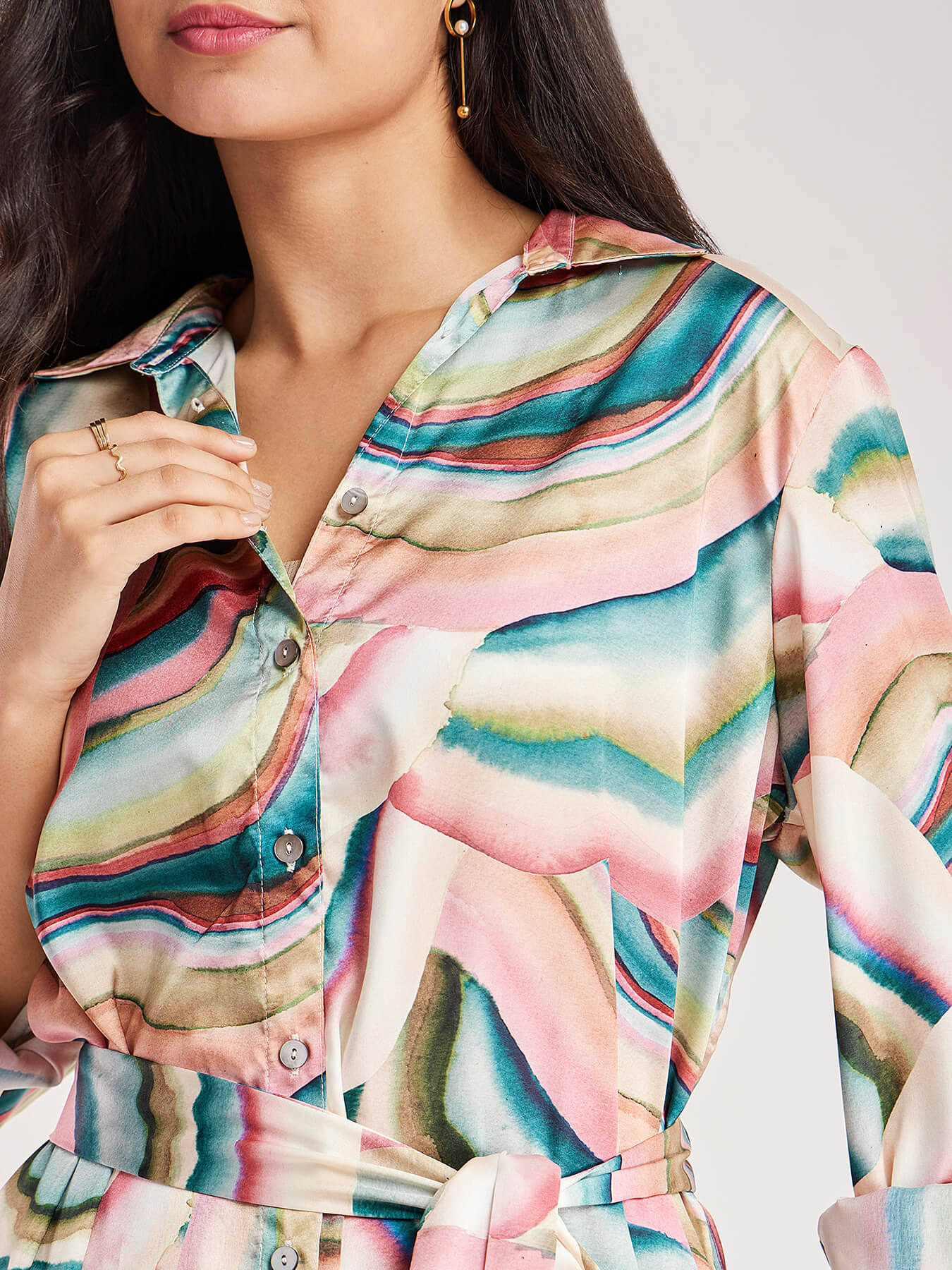 Satin Oversized Shirt Dress - Multicolour