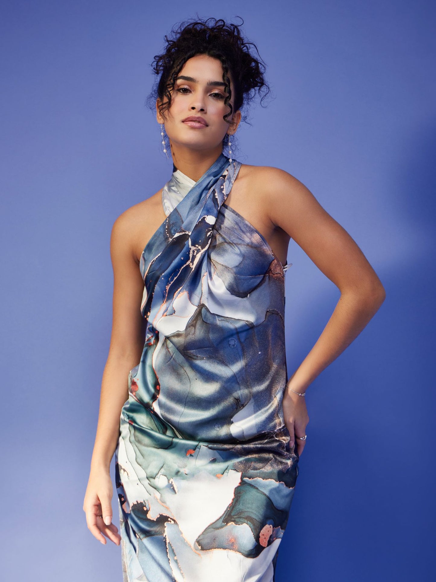 Satin Marble Print Dress - Blue