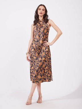 Satin Midi Floral Dress - Gold And Black