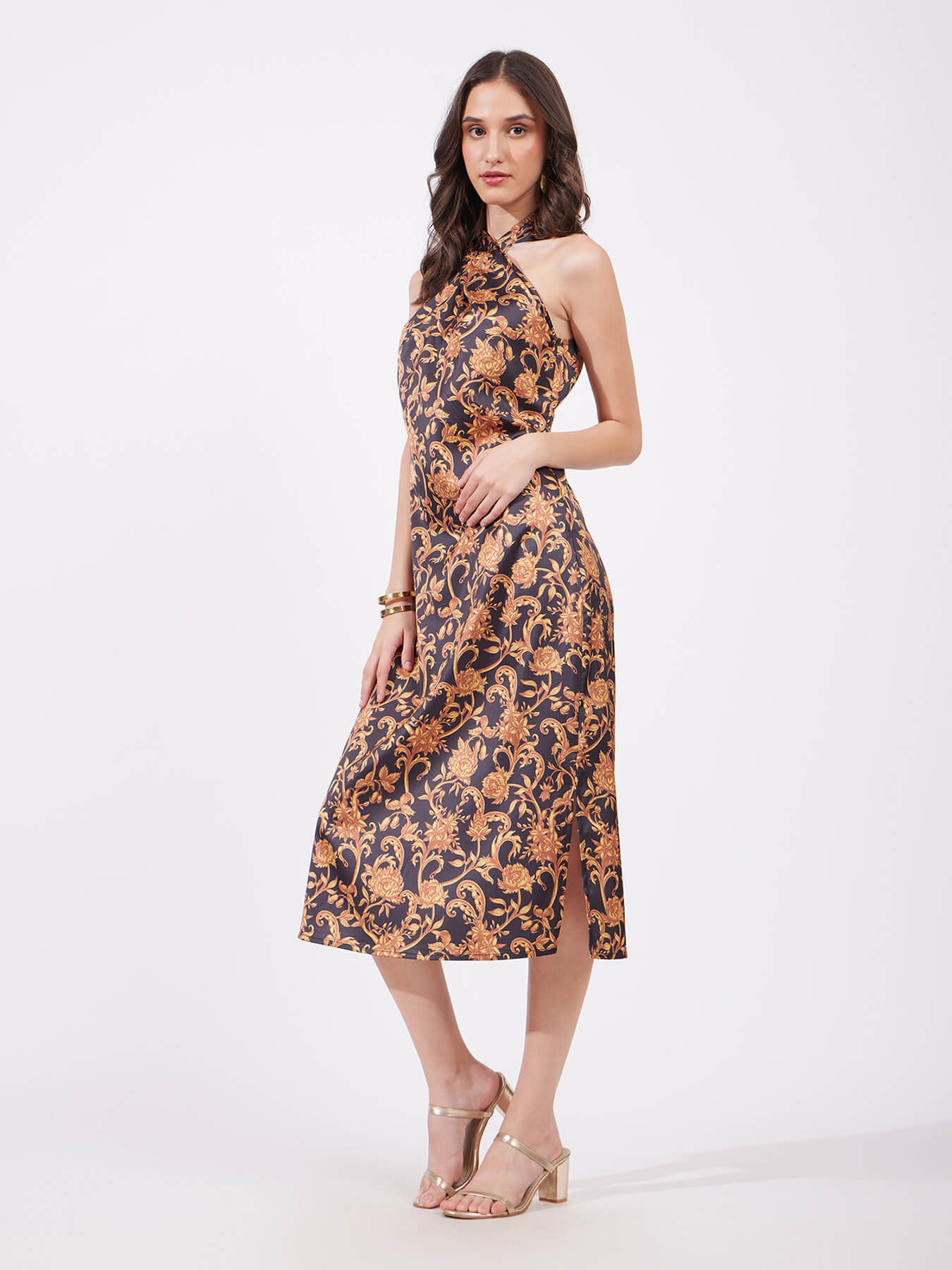 Satin Midi Floral Dress - Gold And Black