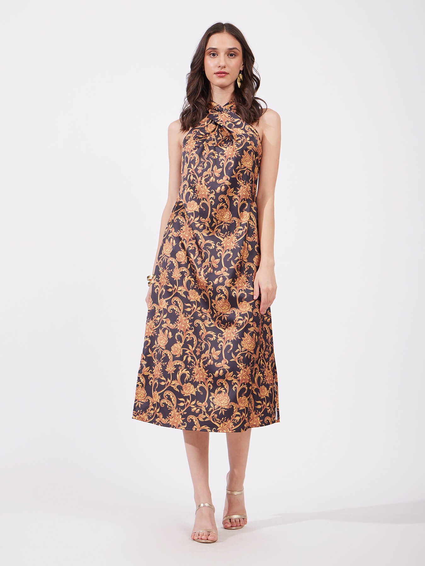 Satin Midi Floral Dress - Gold And Black