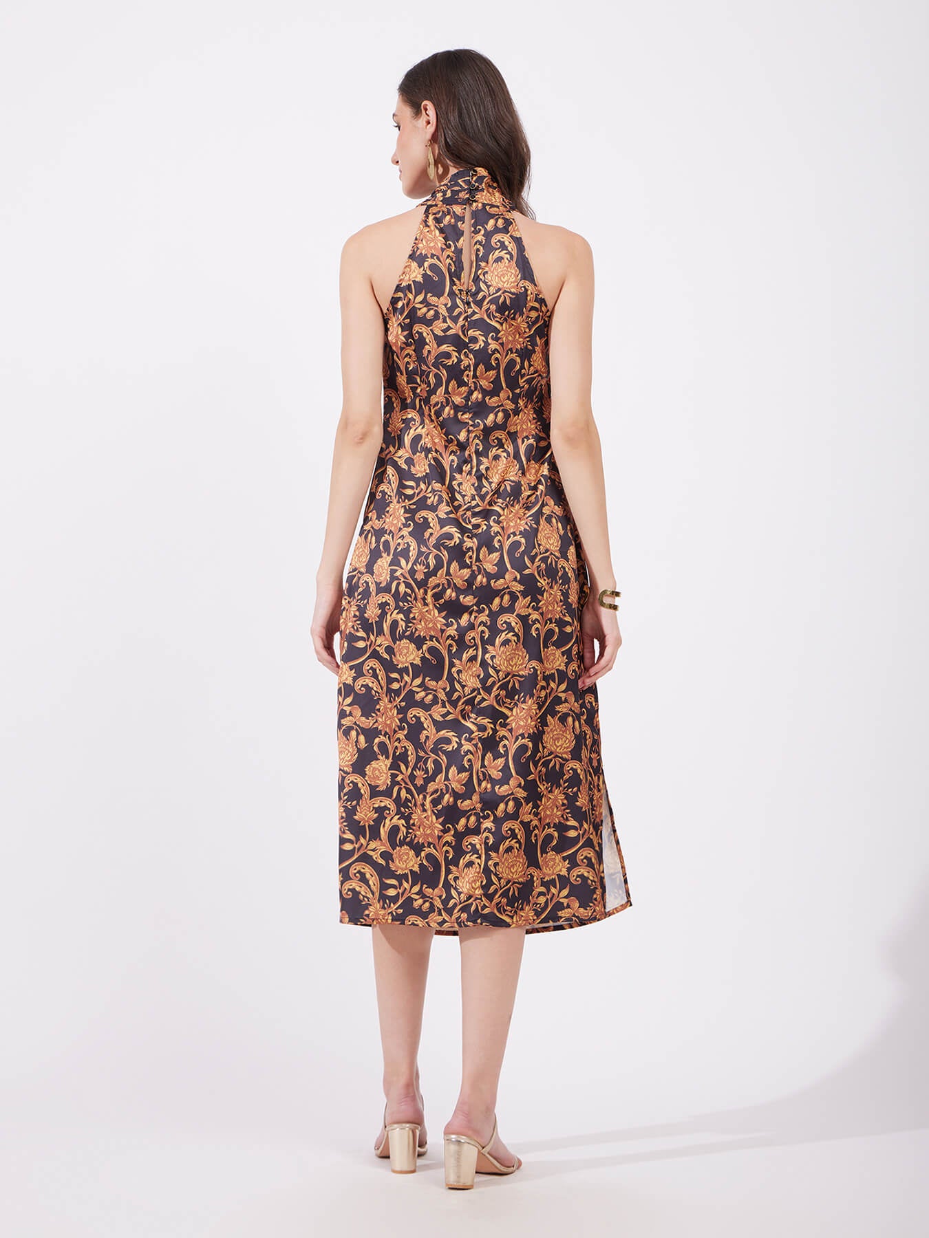 Satin Midi Floral Dress - Gold And Black