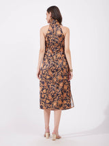 Satin Midi Floral Dress - Gold And Black