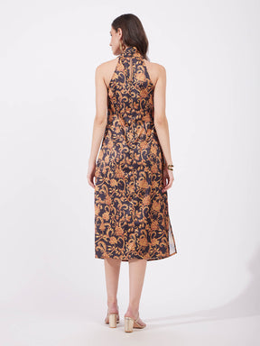 Satin Midi Floral Dress - Gold And Black