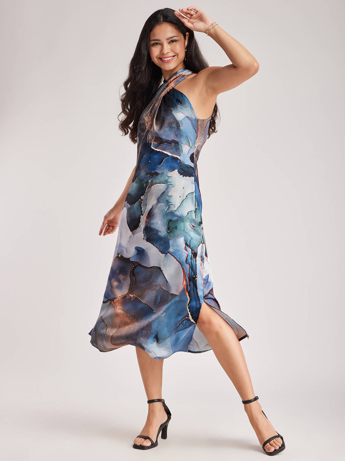 Satin Marble Print Dress - Blue