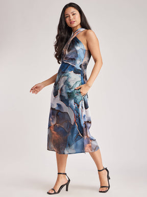 Satin Marble Print Dress - Blue