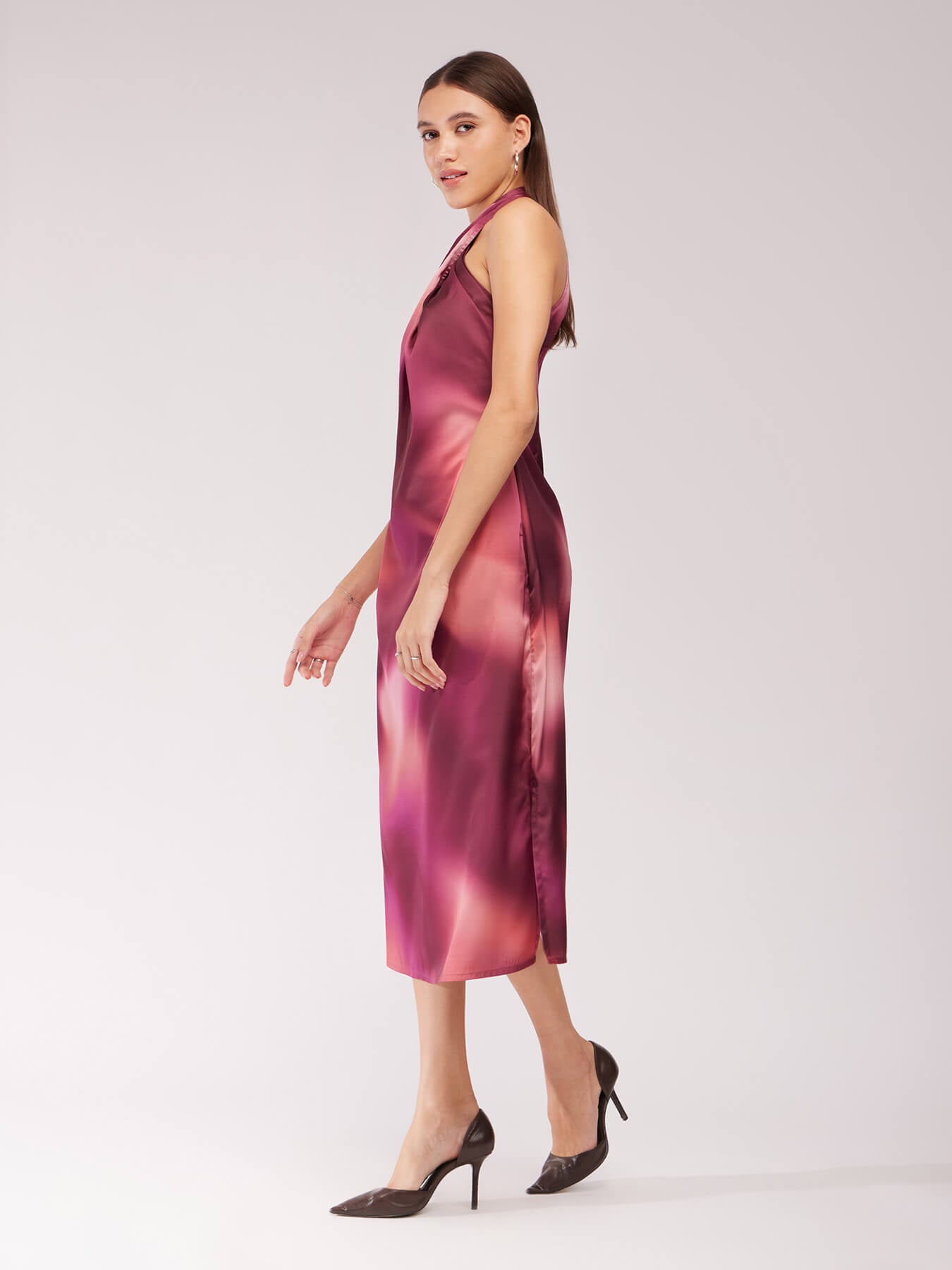 Satin Ombre Midi Dress - Maroon