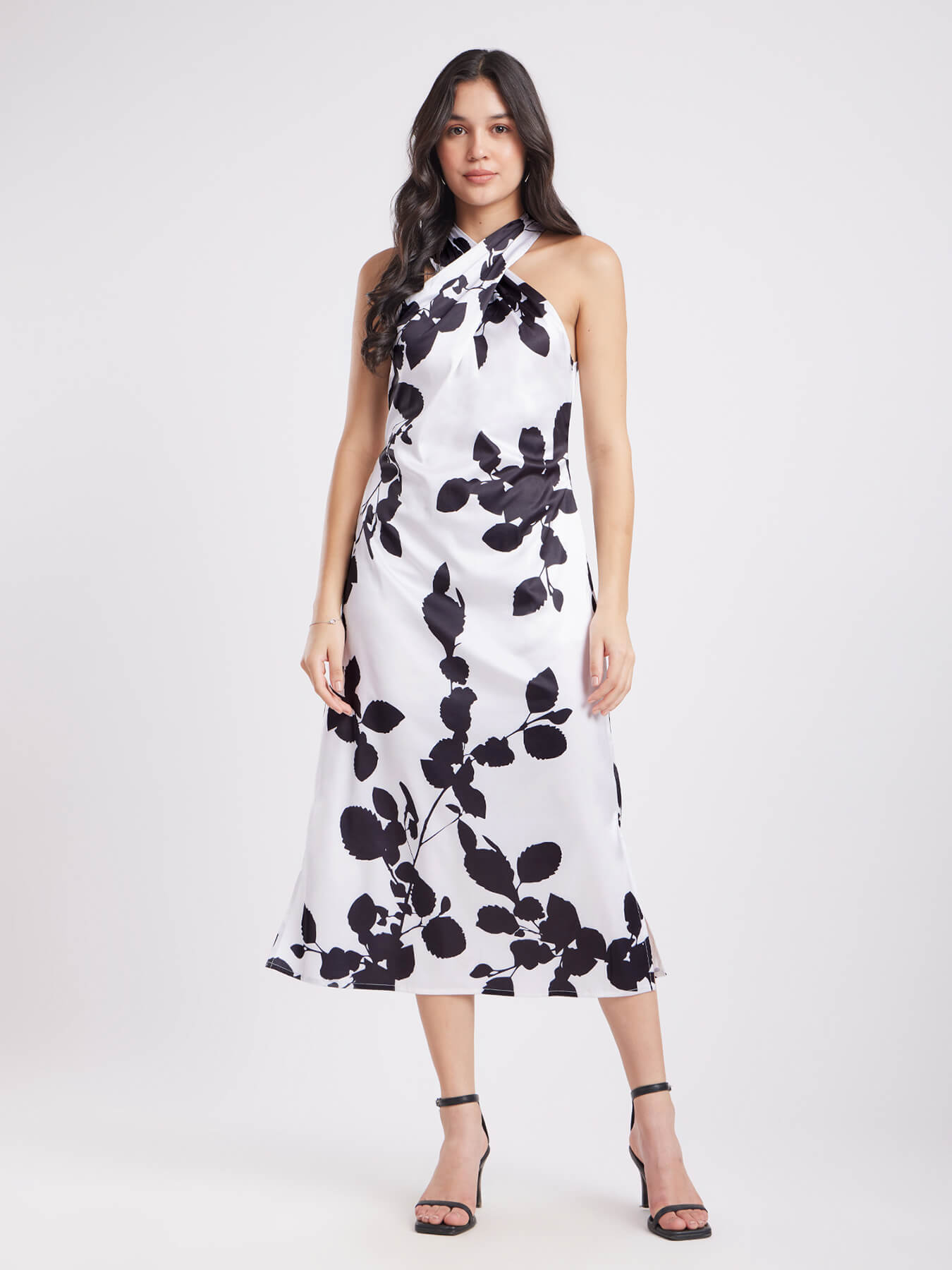 Satin Halter Neck Dress - White And Black