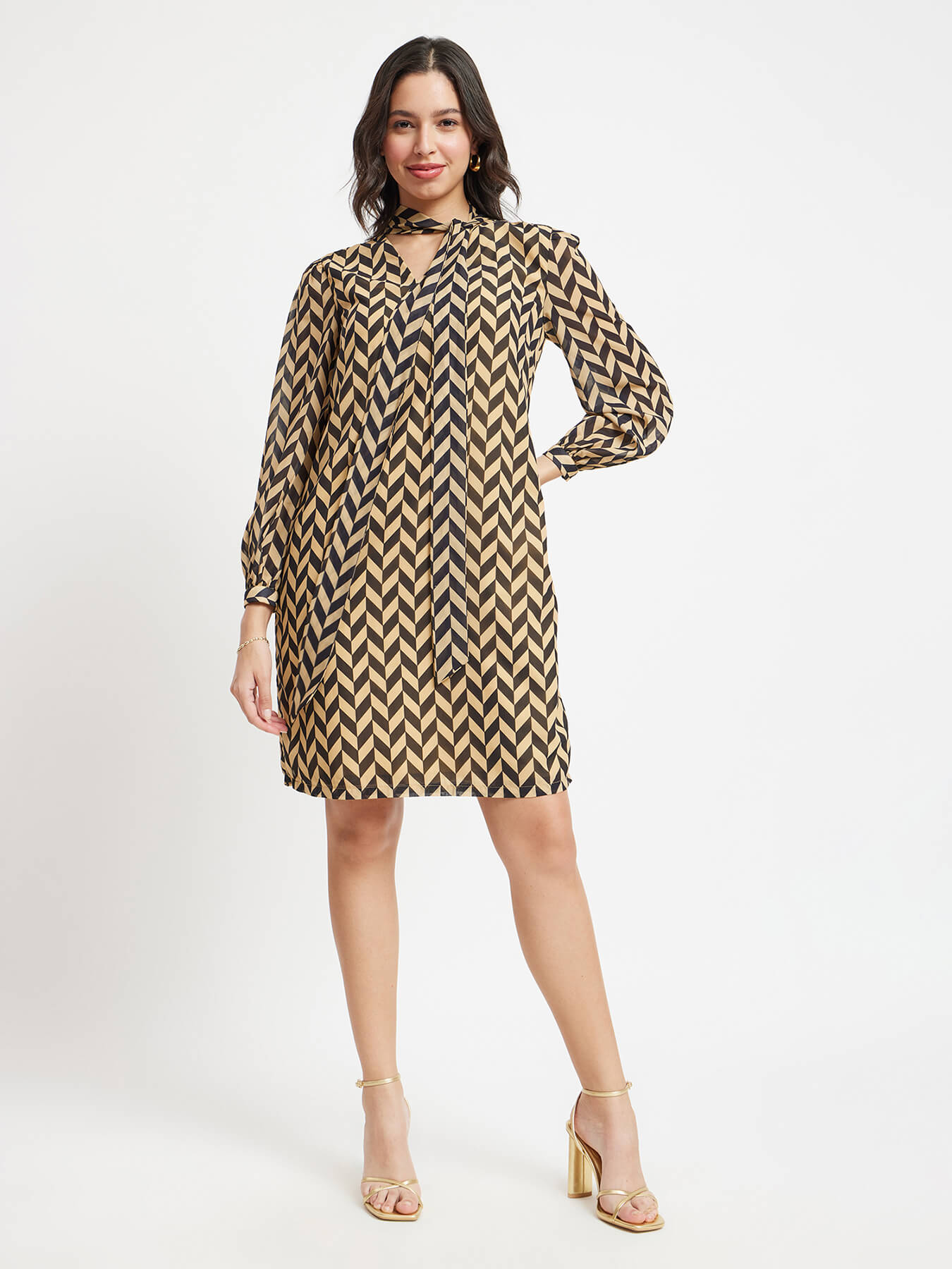 Geometric Print Shift Dress - Black And Beige
