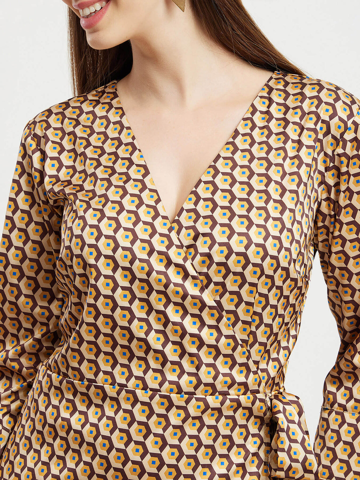 Satin Geometric Print Wrap Dress - Brown And Beige