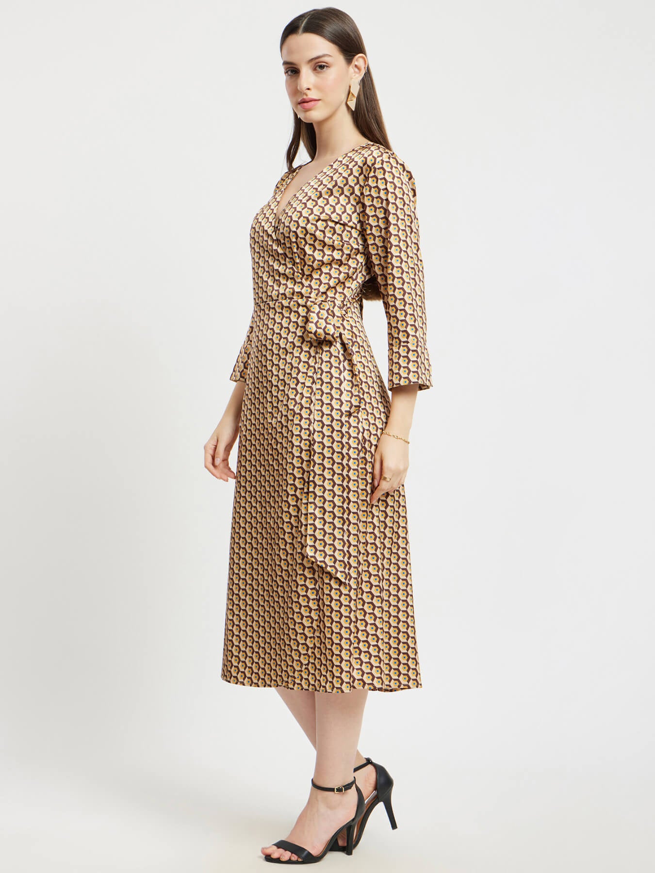 Satin Geometric Print Wrap Dress - Brown And Beige