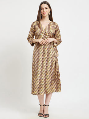 Satin Geometric Print Wrap Dress - Brown And Beige