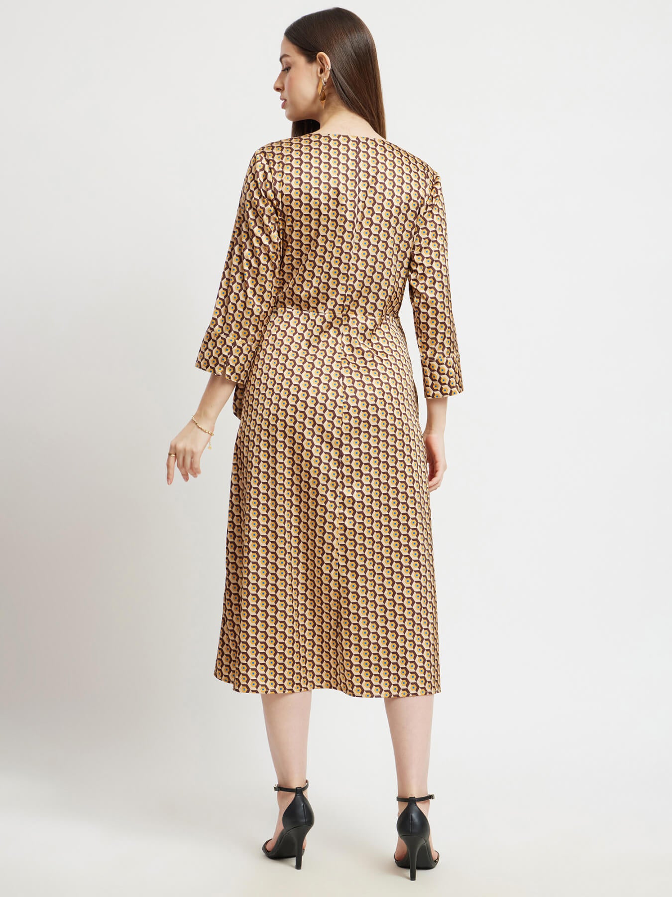 Satin Geometric Print Wrap Dress - Brown And Beige