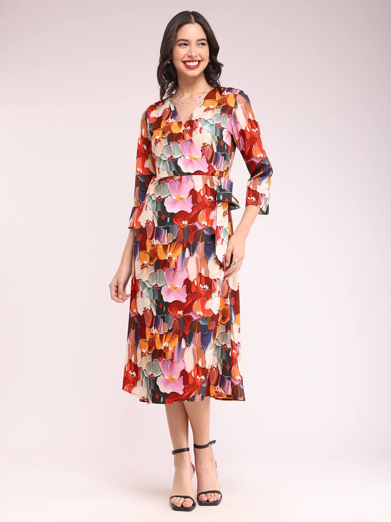 Abstract Floral Wrap Dress - Multicolour