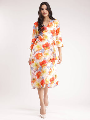 Floral Wrap Dress - Orange And Yellow