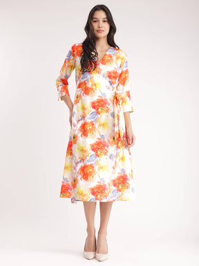 Floral Wrap Dress - Orange And Yellow