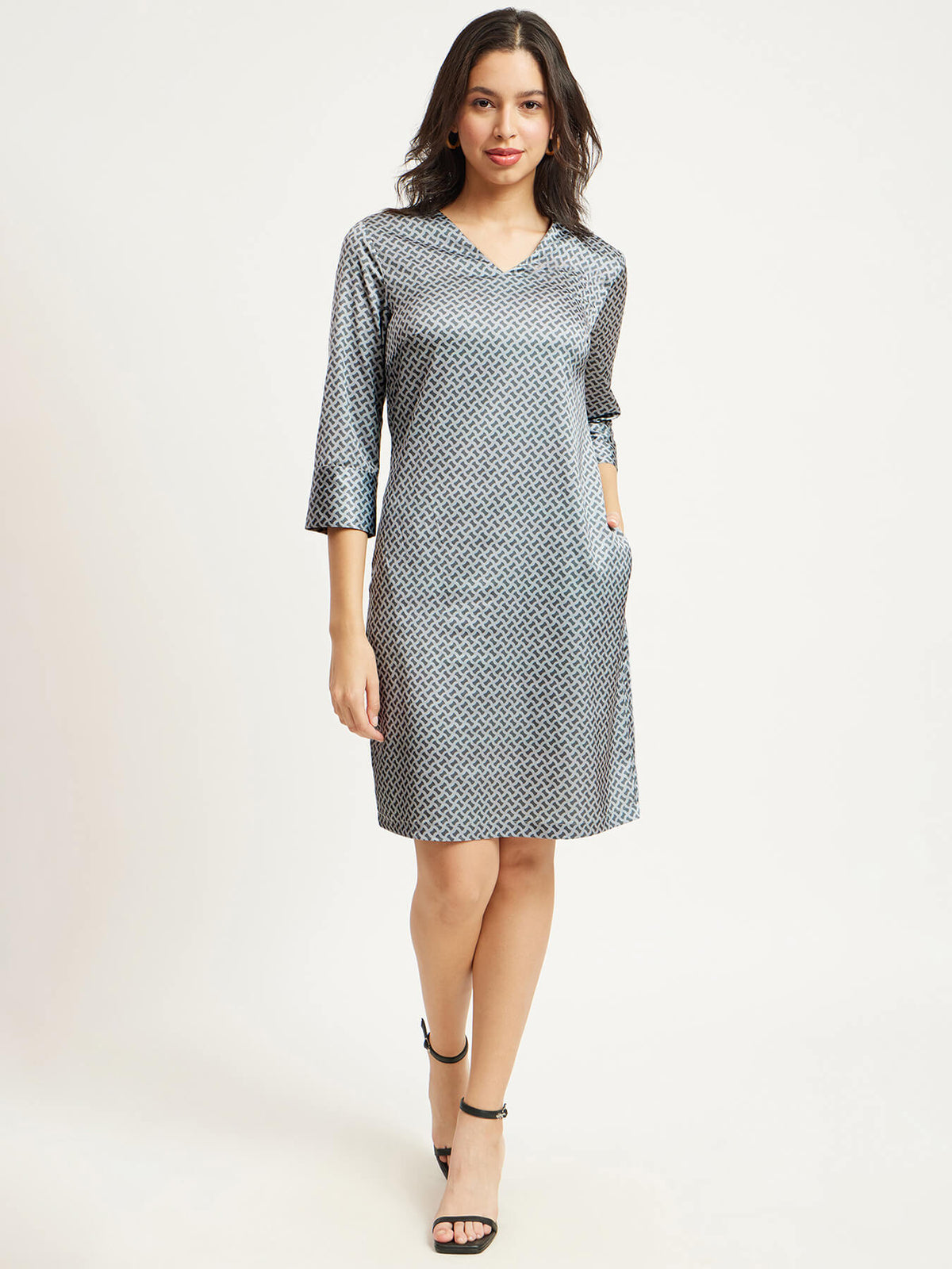 Satin Geometric Print Shift Dress - Grey