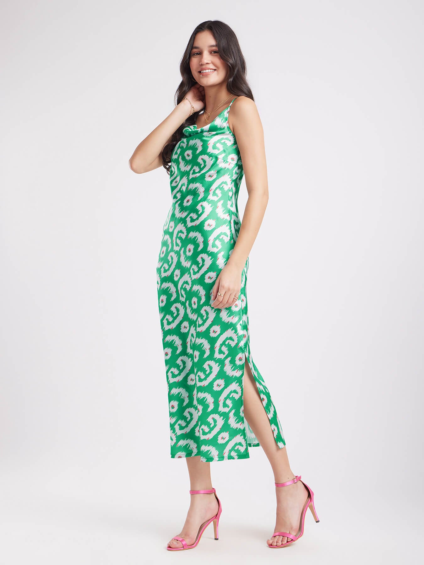 Satin Cowl Neck Dress - Green