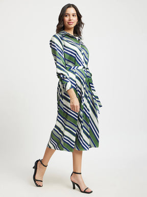 Satin Stripes Button Down Dress - Olive And Navy