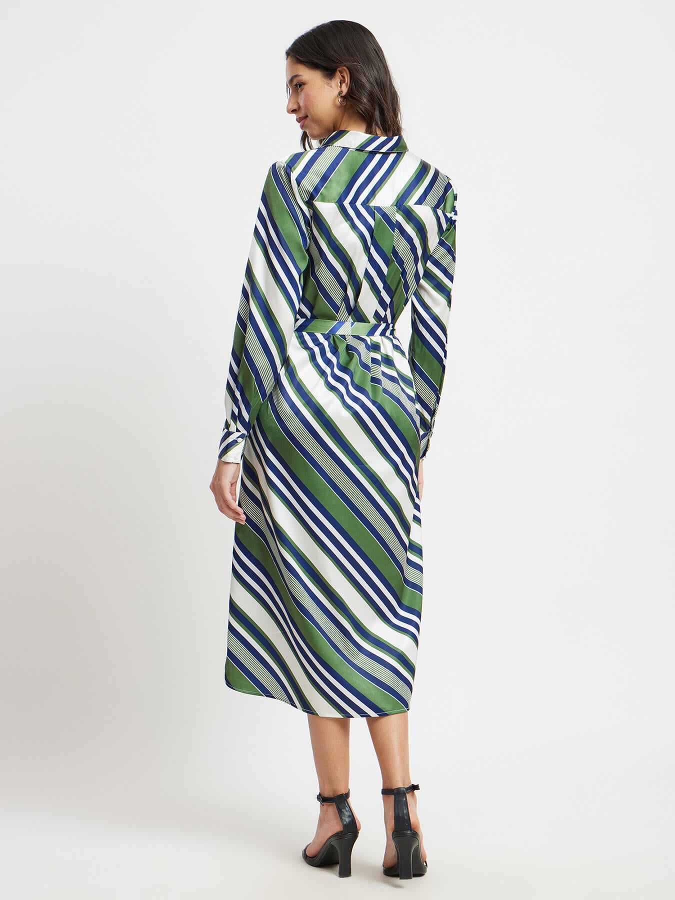 Satin Stripes Button Down Dress - Olive And Navy