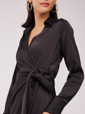 Satin Wrap Collared Dress - Black