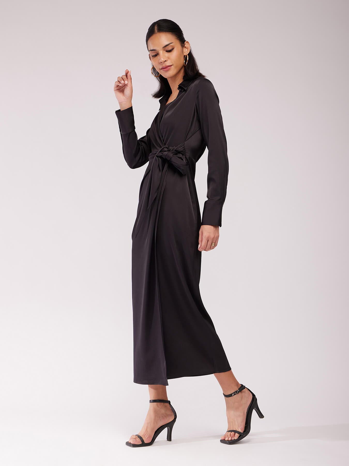 Satin Wrap Collared Dress - Black