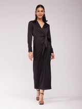 Satin Wrap Collared Dress - Black