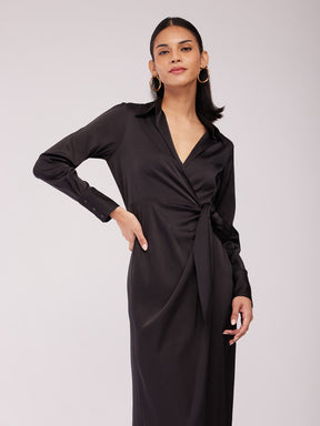 Satin Wrap Collared Dress - Black