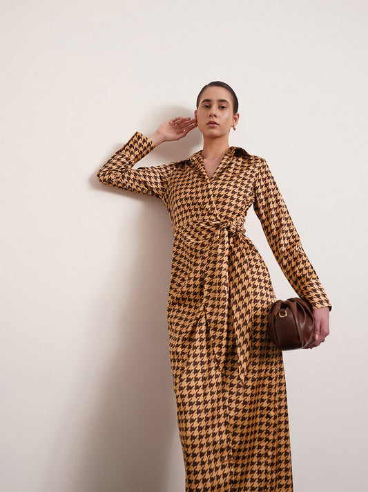 Satin Houndstooth Print Wrap Dress - Brown And Gold